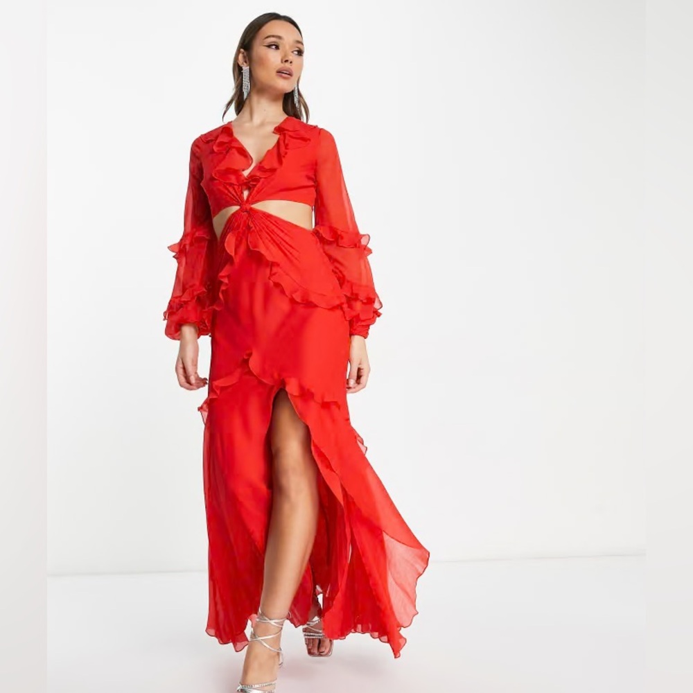 ASOS design twist waist cut out maxi dress with ruffle detail